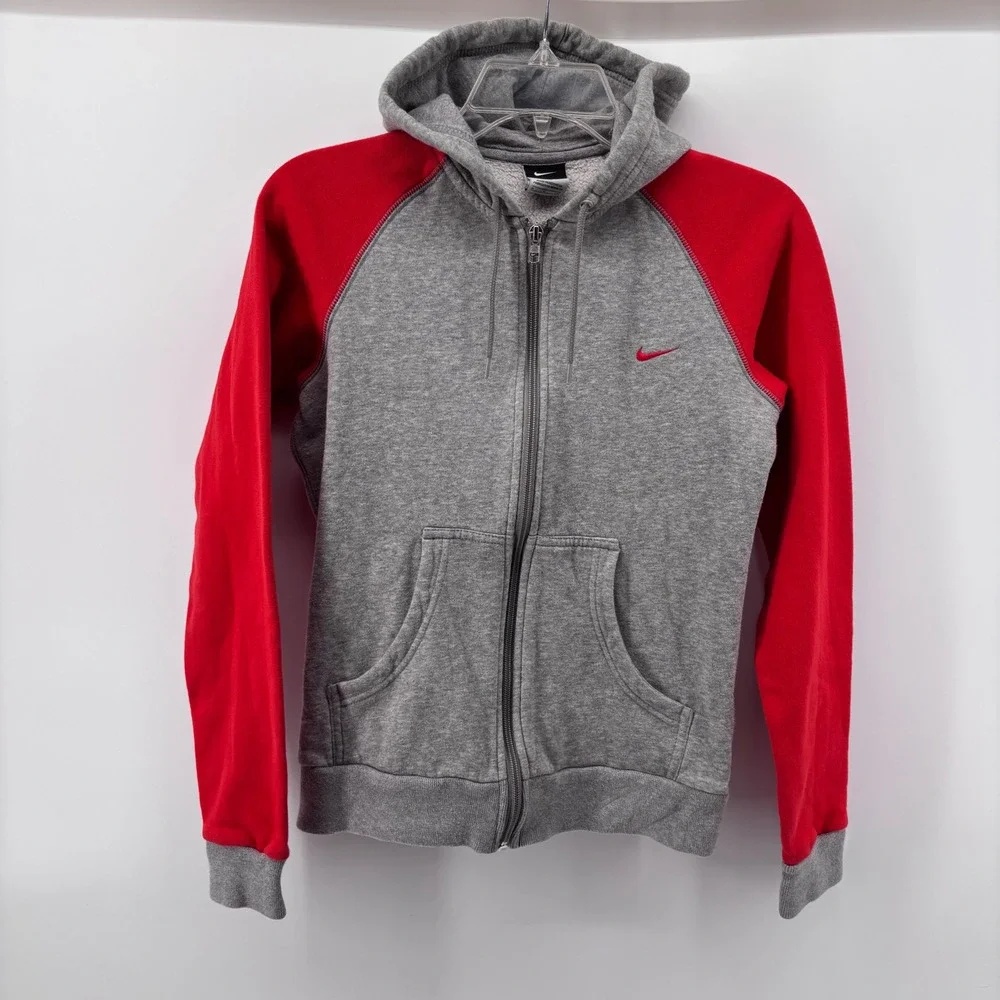 Y2K Nike Full Zip Hoodie Women S (FIT XS) Grey Red Colorblock Raglan Fleece Logo